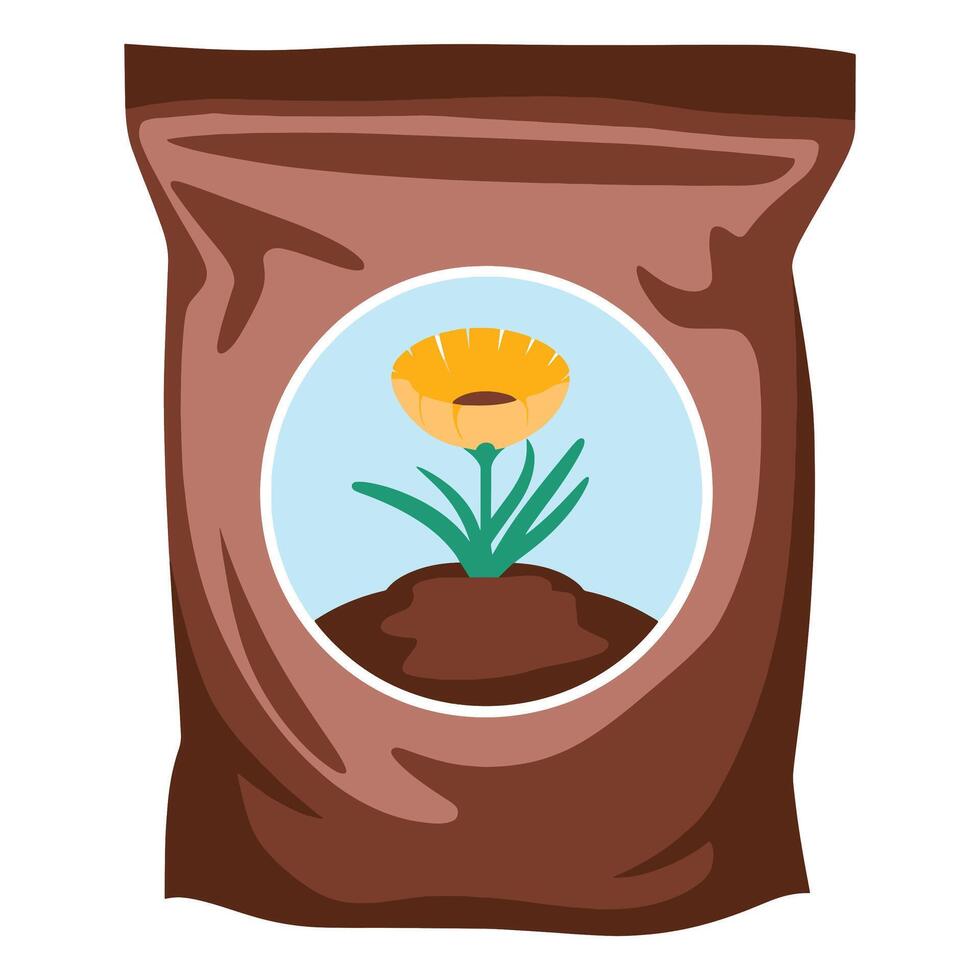 illustration of a fertilizer bag icon. Simple isolated sack design with a plant symbol, representing agricultural nutrients and gardening supplies. vector