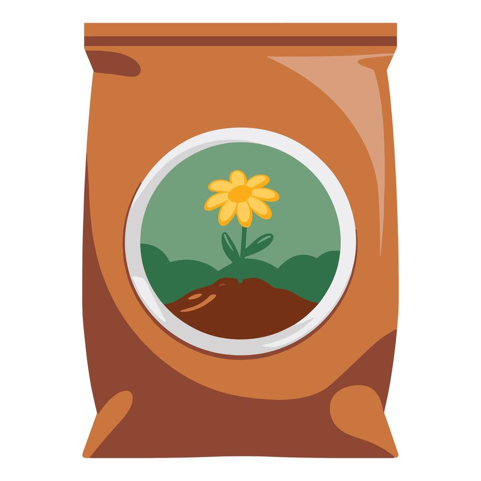 illustration of a brown paper fertilizer bag with a plant symbol. Features a small seedling growing in the ground, representing gardening, agriculture, and plant nutrition. vector