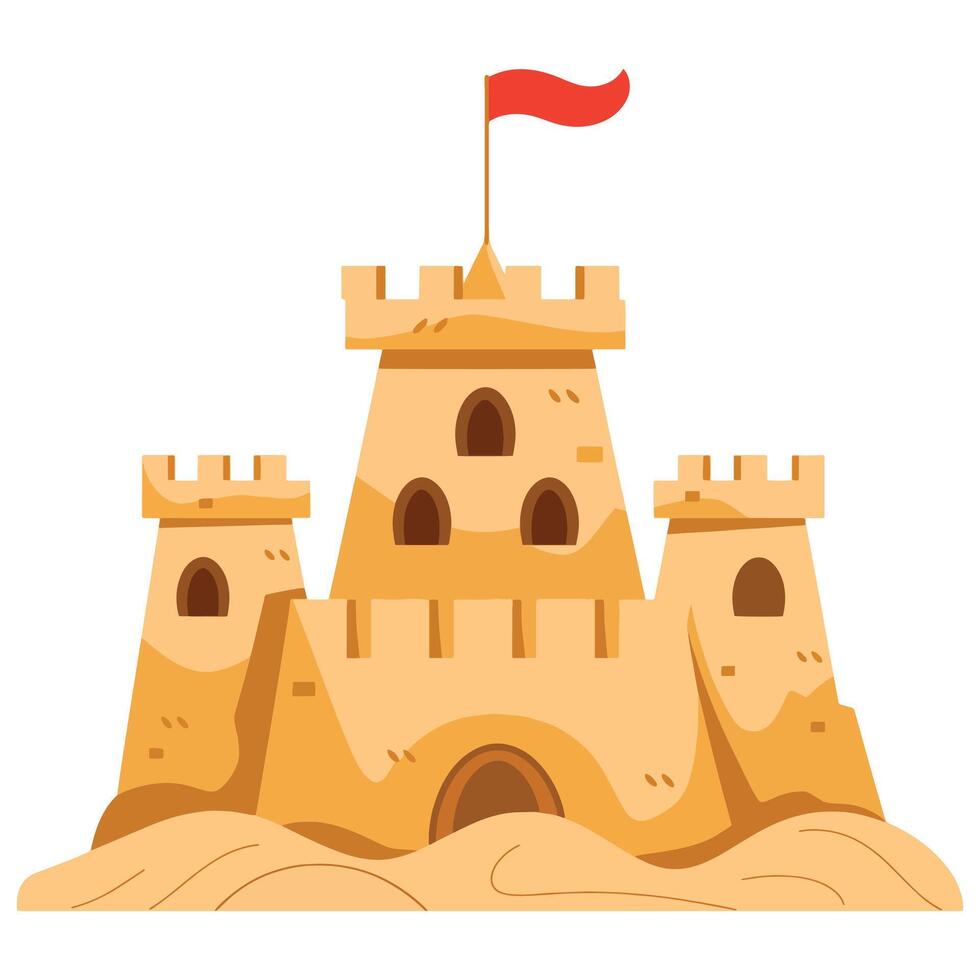 illustration of a sandcastle with towers and a flag, isolated on a white background. Simple summer beach icon. vector