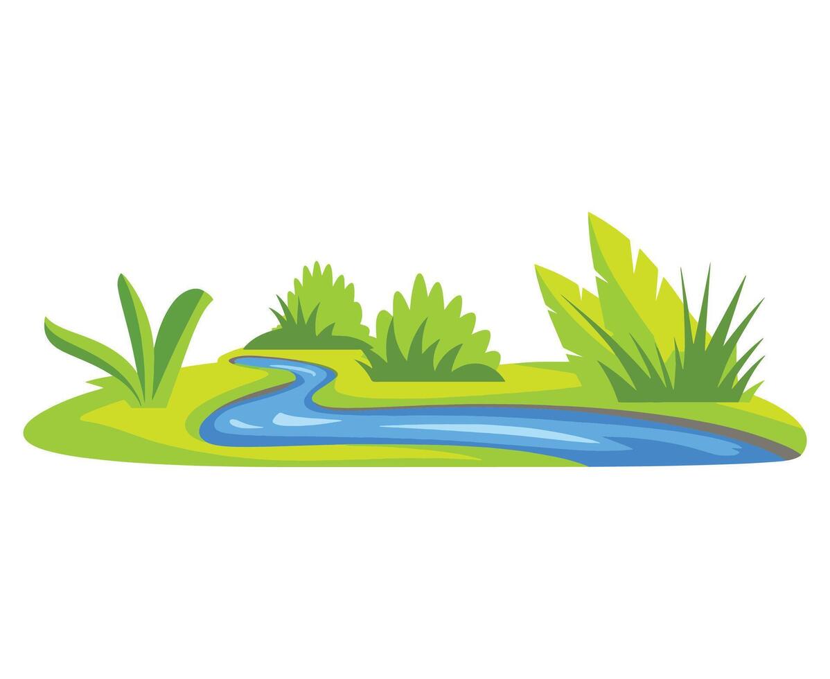 Stream as a body of surface water flowing between channel banks, isolated on a white background. illustration representing nature and river landscapes. vector