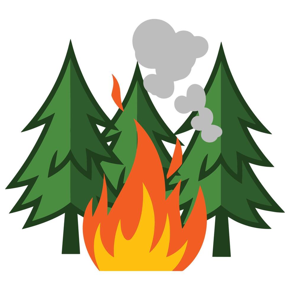 Wildfire destroying pine trees, with smoke rising. illustration of a forest fire causing damage to trees, ideal for environmental awareness and disaster related themes. vector