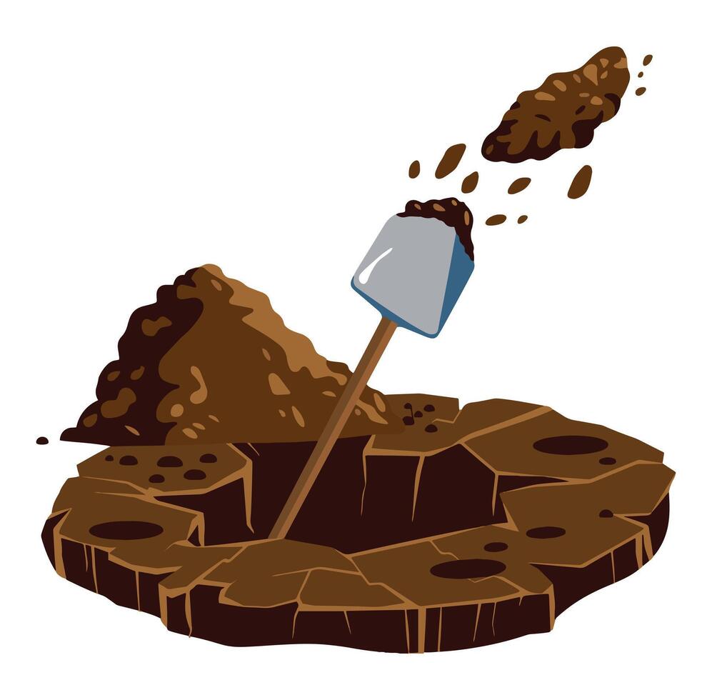 Digging a hole for a grave or excavation in the desert. Cartoon flat illustration with a pile of dirt, stones, and a shovel on a white background. Ideal for funeral and construction-themed designs. vector