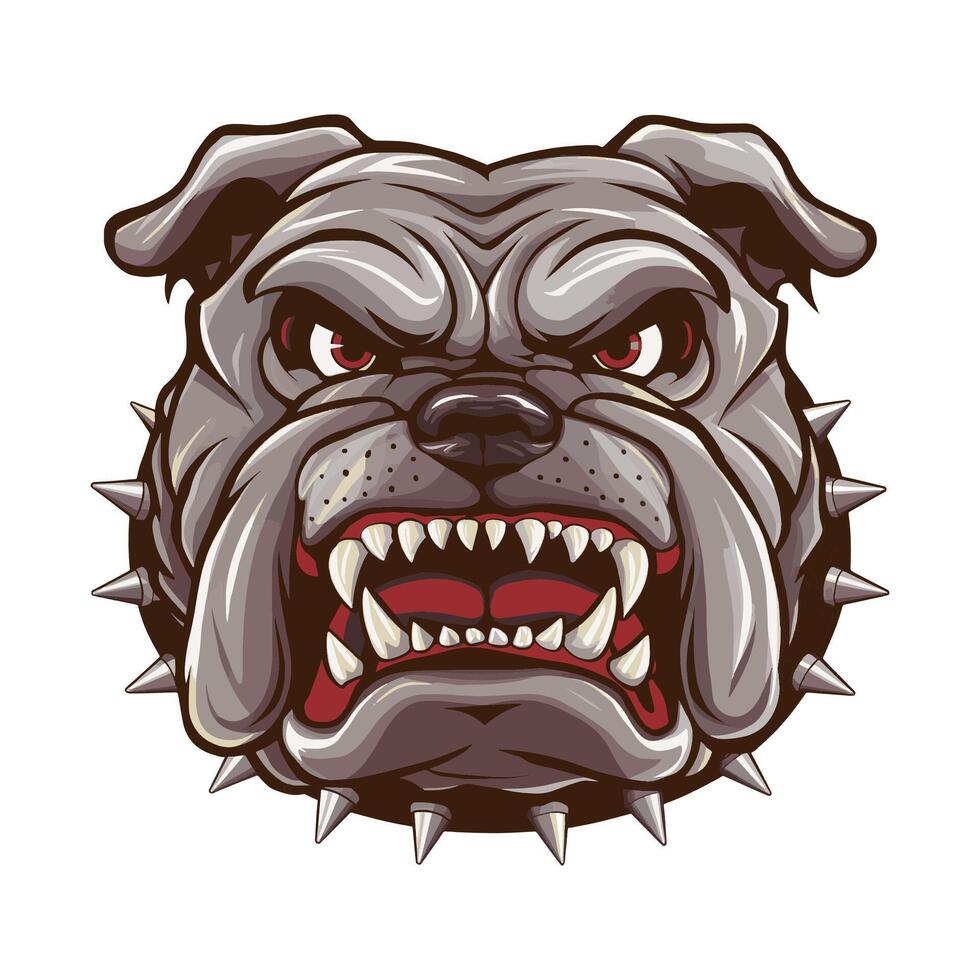 Angry bulldog face with red eyes, spiked collar. vector