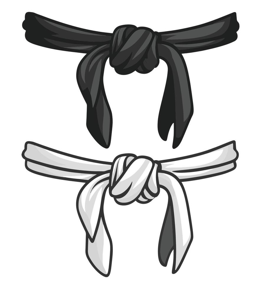 Black and white karate and judo belts. Hand-drawn illustration of combat sport clothing vector
