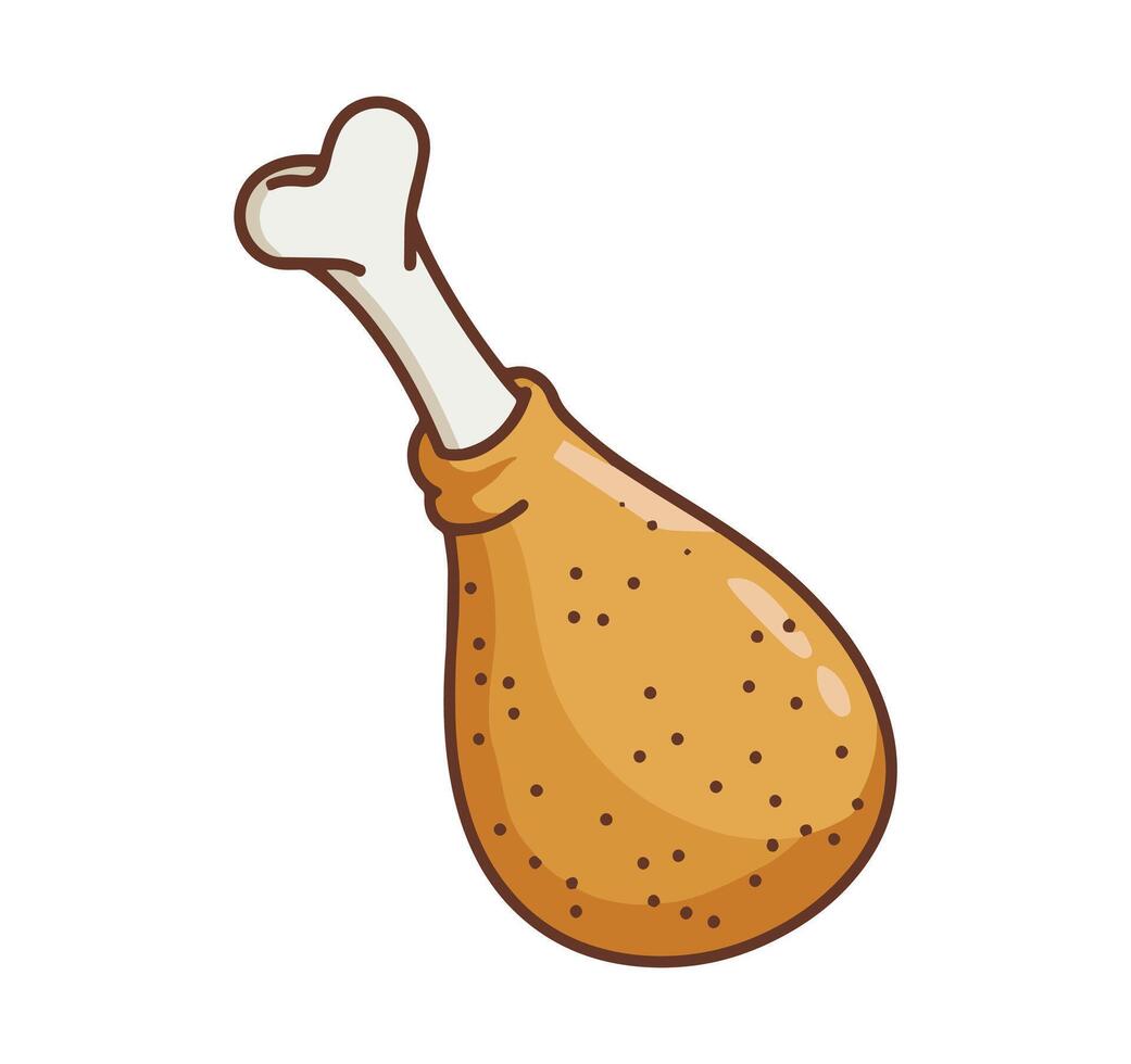 Fried appetizing chicken leg in cartoon childish style. Isolated funny poultry meat vector