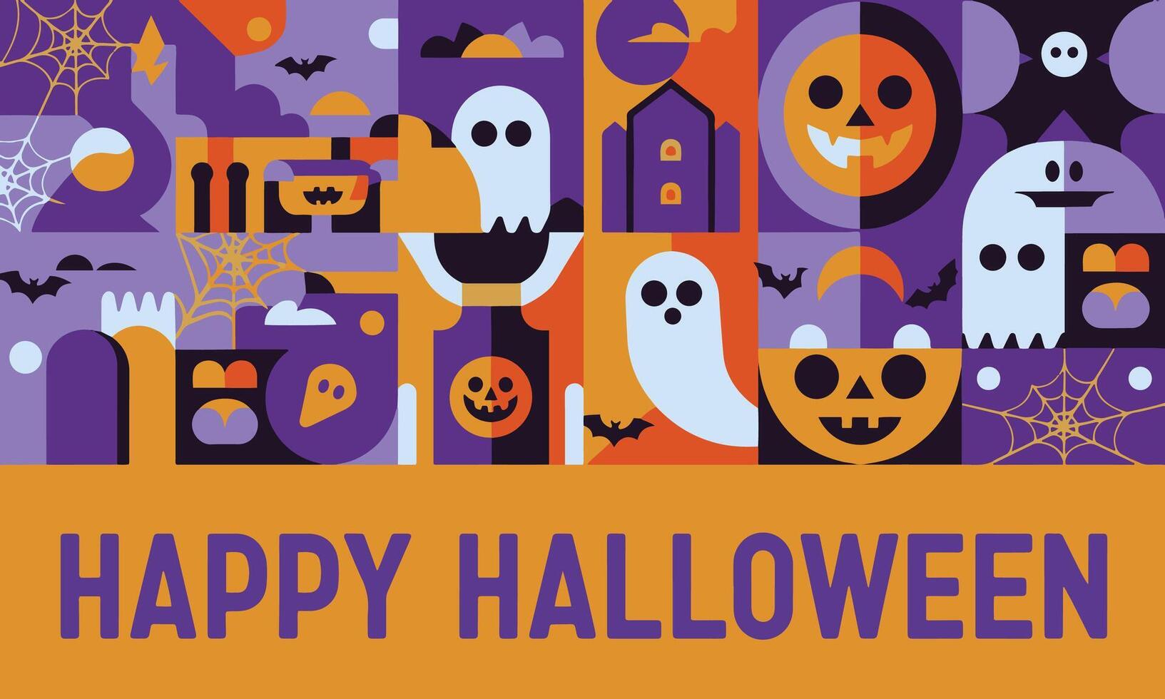 Halloween banner with a modern abstract geometric Bauhaus pattern. Horizontal banner for Halloween holiday celebrations. Ideal for festive, modern, and geometric-themed designs. vector