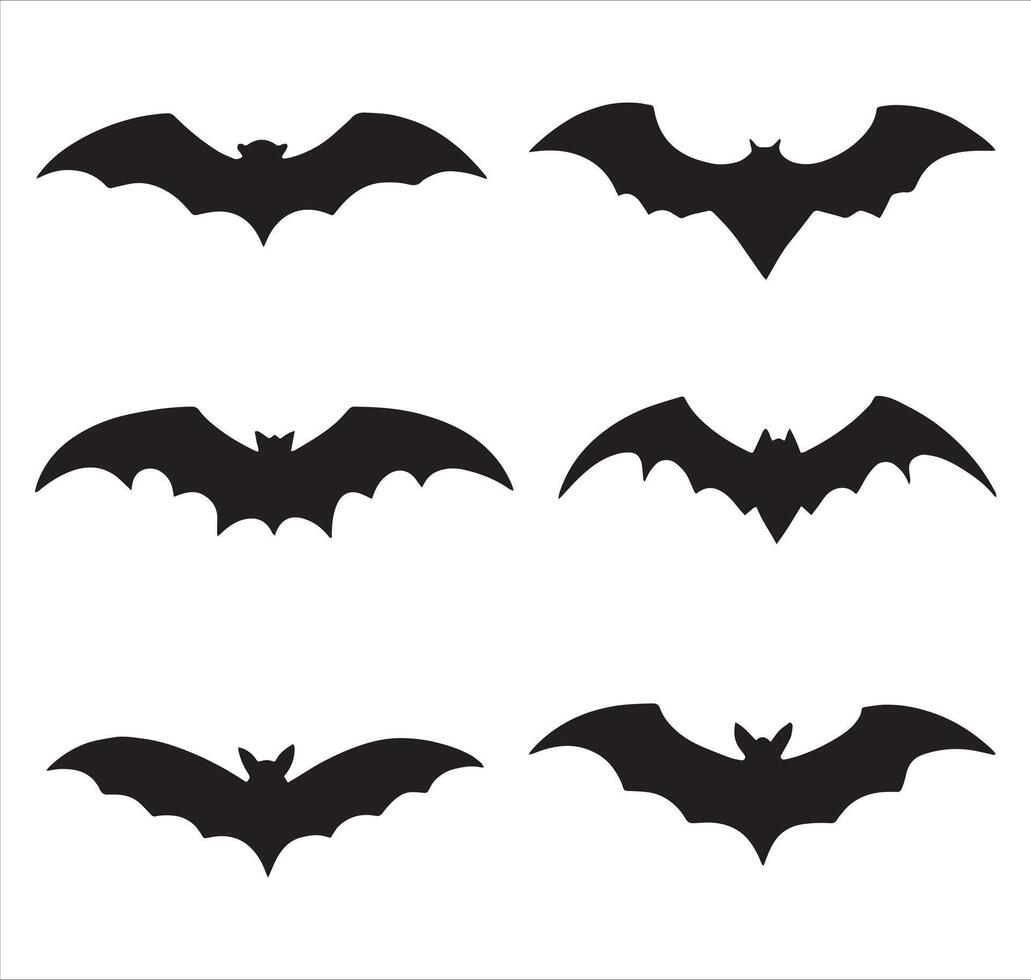 Halloween black bat silhouettes set, isolated on a white background. Black bat illustration, ideal for spooky decorations and Halloween-themed designs. vector