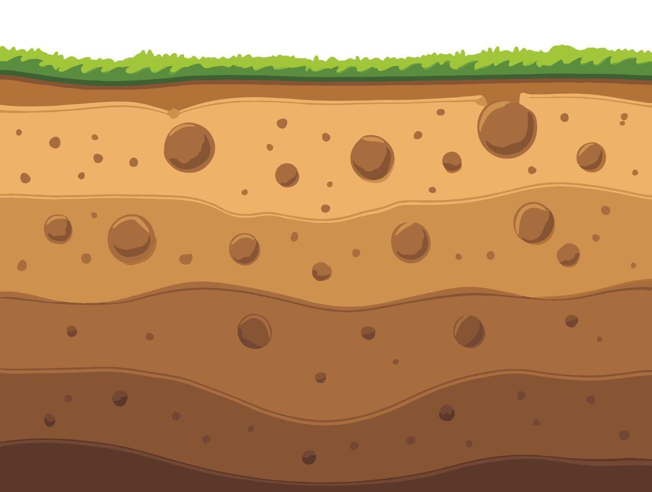 Land in section showing brown soil layers. Flat cartoon illustration ideal for archaeology and underground geology themes. Perfect for summer landscape designs and educational materials. vector