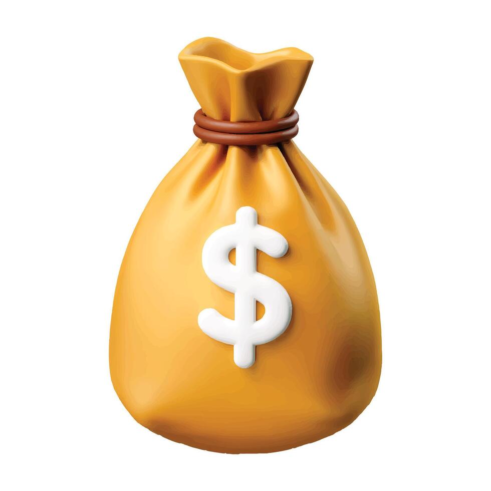 Money bag with dollar icon, 3D in cartoon minimal style. Represents cash, interest rates, business finance, and financial solutions. Ideal for investment and payment concepts. vector