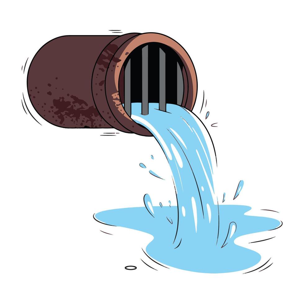 Pipe with water, illustrating a drainage system. Flat cartoon illustration isolated on a white background. vector