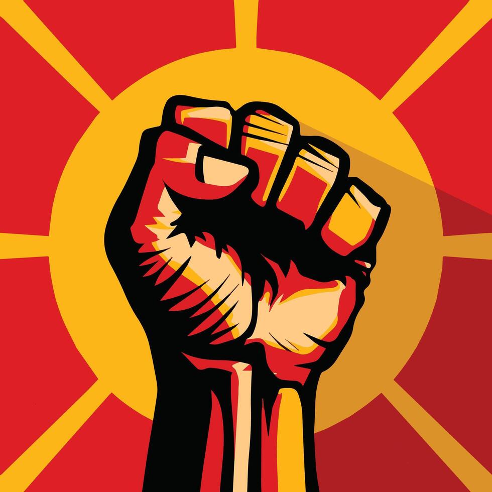 Revolution hand with a clenched fist, 80's retro vintage poster style. Fist raised in the air, symbolizing strength and protest. Ideal for activism, motivational designs. vector