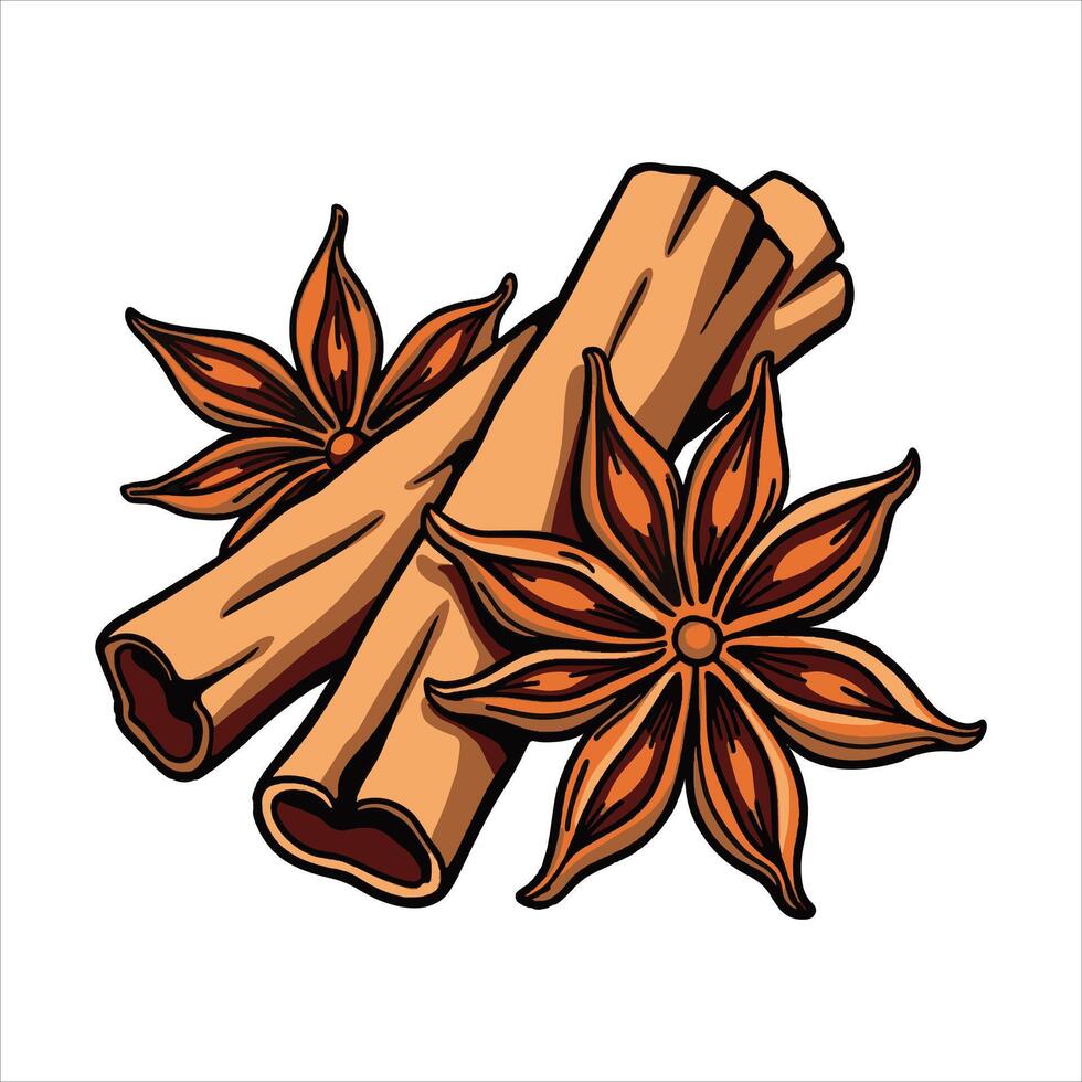Set of spices with a cinnamon stick and brown anise flower. Doodle sketch cartoon illustration ideal for culinary designs and food-related graphics. Perfect for enhancing flavor themes. vector