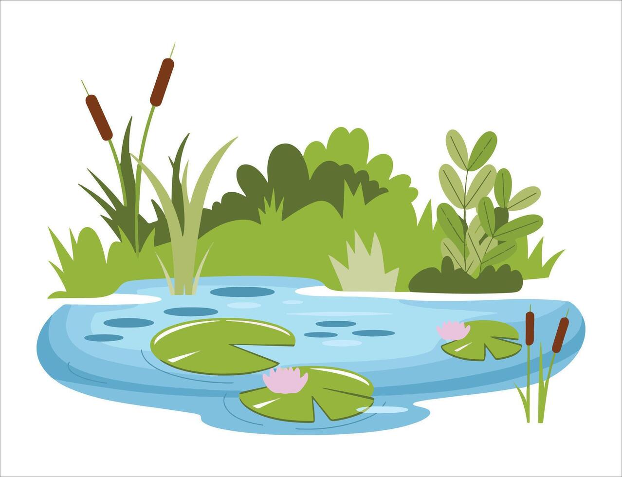 Swamp landscape with reeds and cattails, isolated element. Horizontally composed illustration of an overgrown pond shore. Ideal for nature-themed designs and environmental projects. vector