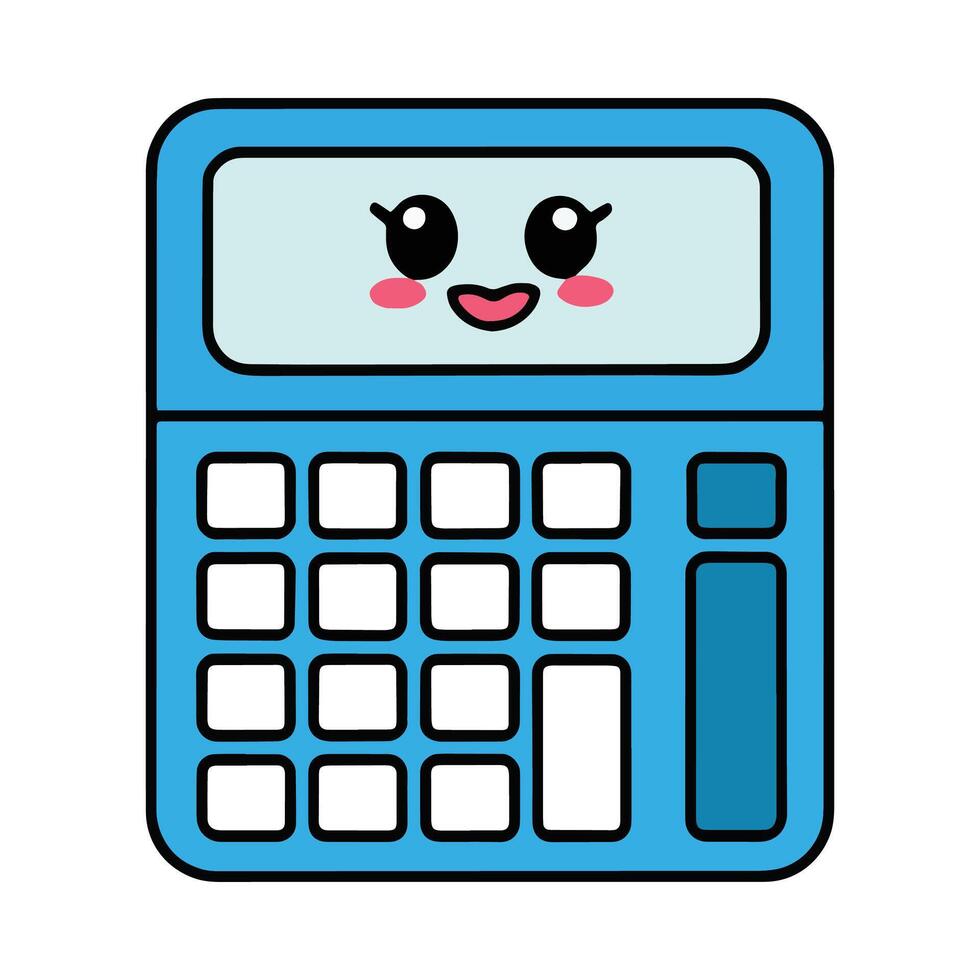 A cute cartoon calculator with a big smile and friendly eyes. This fun and playful illustration. vector