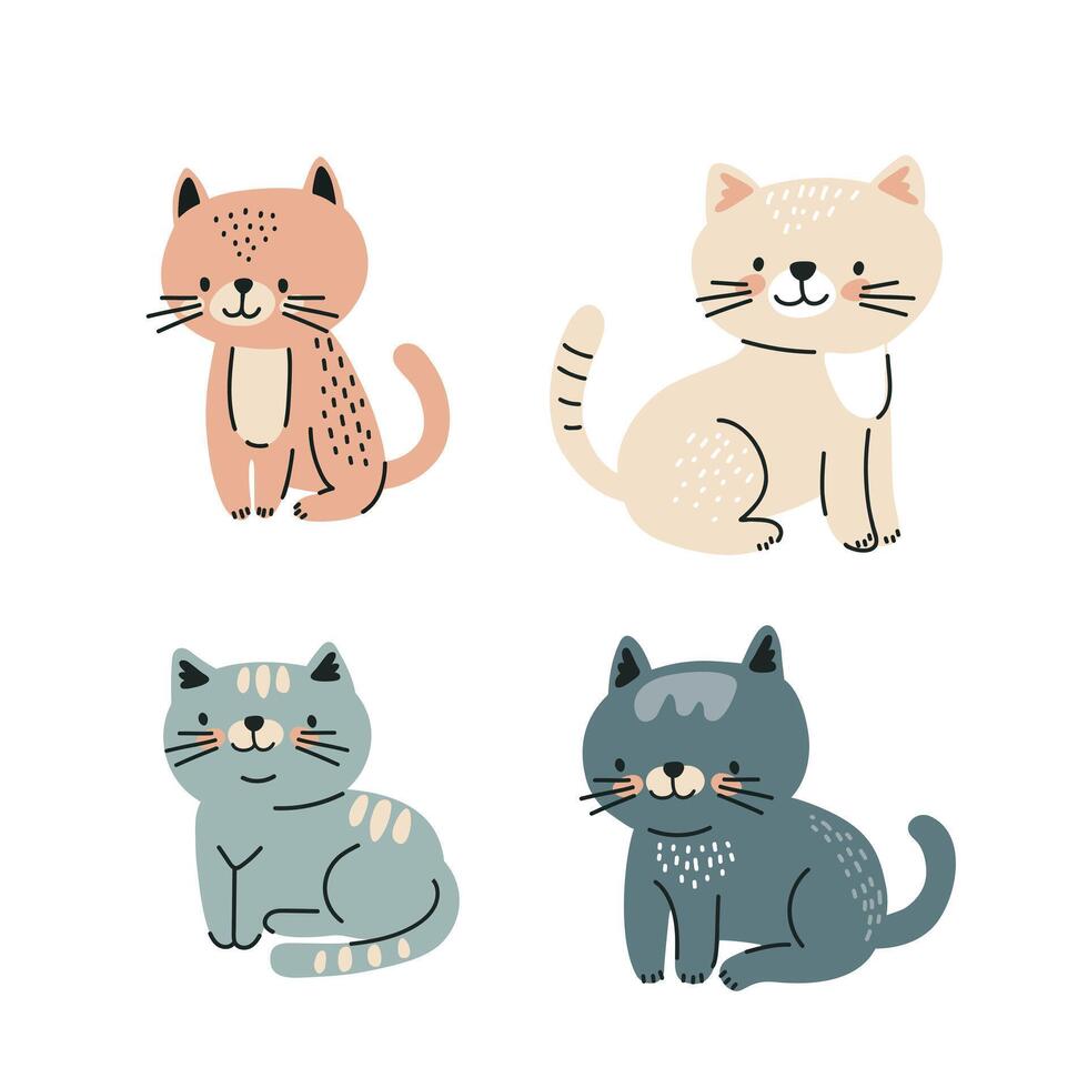 Set of cartoon cats on white background, flat illustration vector