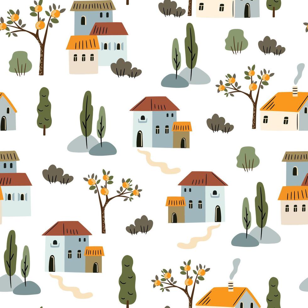 Seamless background village landscape with quaint houses, trees and winding paths. illustration flat style vector
