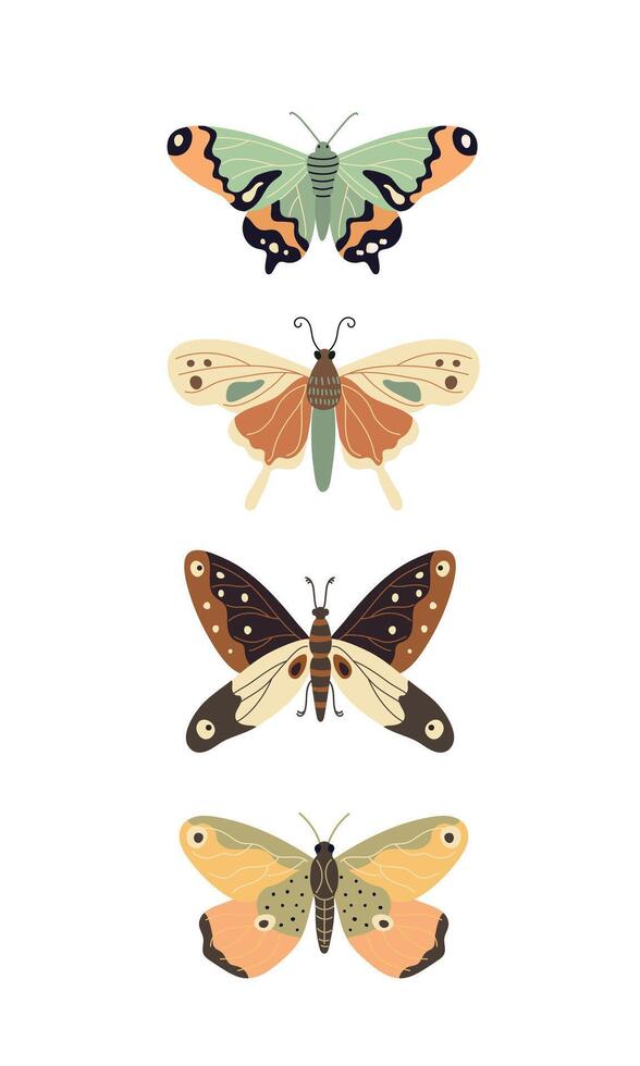 Set of butterflies in beige tones, flat style illustration on white background vector