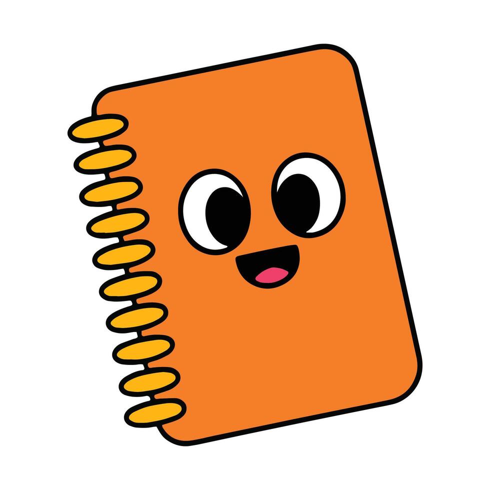 A cute cartoon book or notebook with a cheerful face, big round eyes, and a bright smile. The character has a playful and friendly expression, isolated on a white background. vector