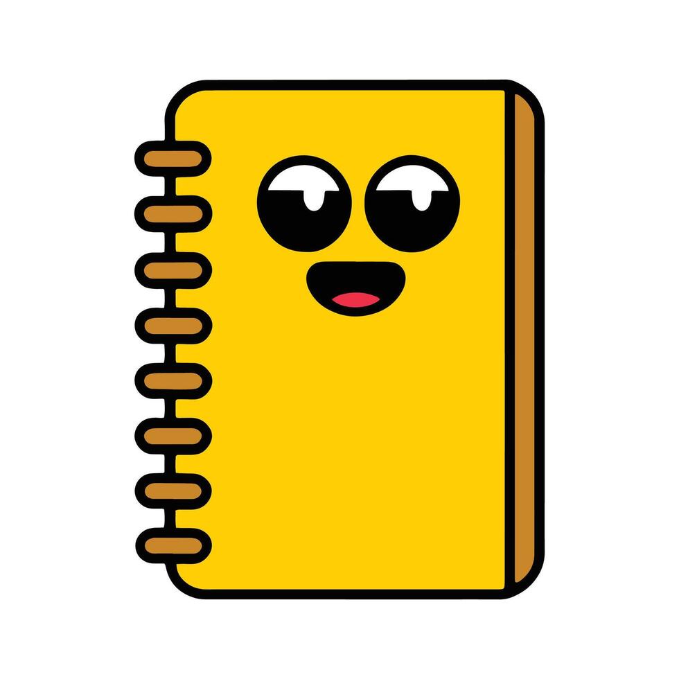 Yellow book or notebook with a cheerful cartoon face, big round eyes, and a happy smile. This cute character is perfect for children's designs. vector