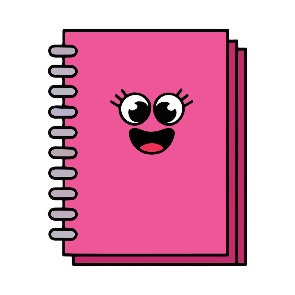 Pink book or notebook with a cheerful cartoon face, big round eyes, and a happy smile. This cute character is perfect for children designs. vector