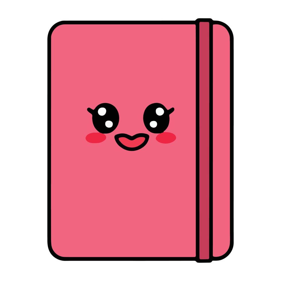Pink book or notebook with a cheerful cartoon face, big round eyes, and a happy smile. This cute character is for children designs. vector
