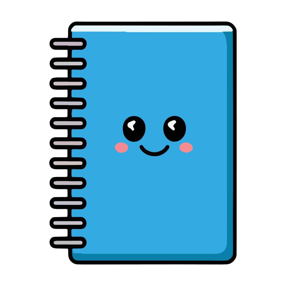 Blue book or notebook with a cheerful cartoon face, big round eyes, and a happy smile. Cute character is perfect for children's designs. Isolated on a white background. illustration. vector