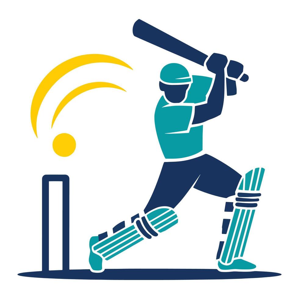 Cricket player logo design illustration featuring a stylized batsman in action, swinging the bat dynamically. Perfect for team logos, sports branding, and tournament graphics. vector