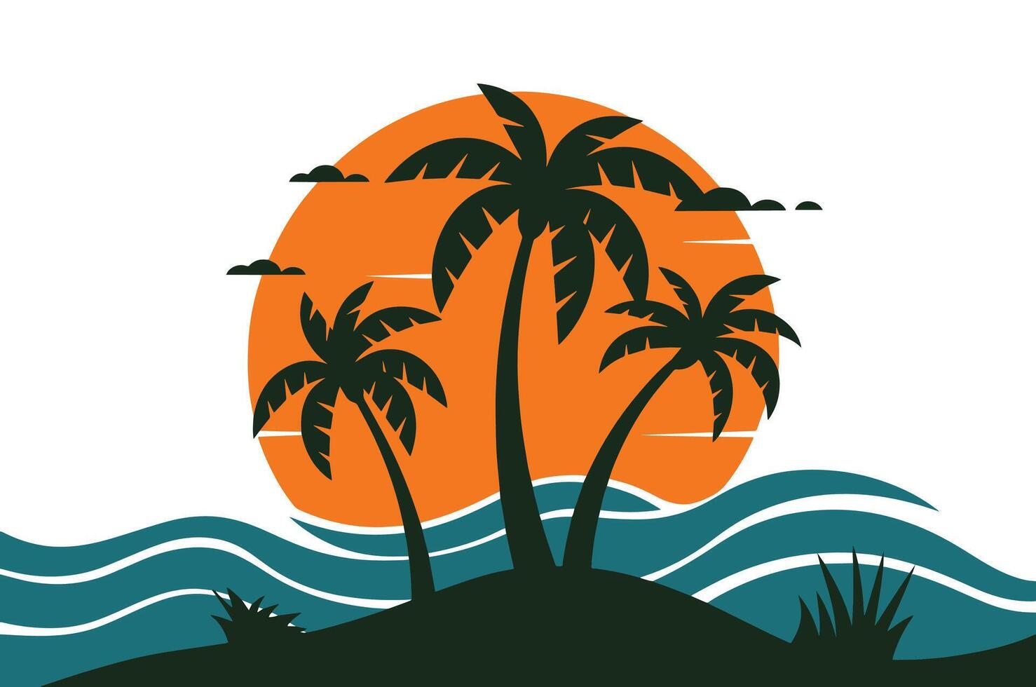 Tropical island illustration with hand drawn elements. Peaceful sunset, palm trees, and ocean waves. Perfect for summer posters. vector