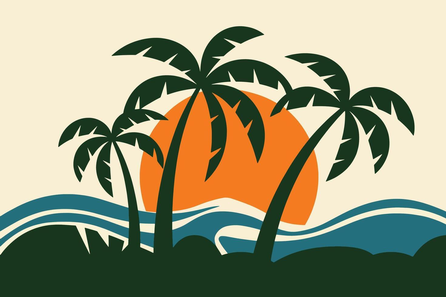 Hand drawn tropical island . Sunset beach scene with palm trees and calm waves. Great for posters, greeting cards, and summer. vector