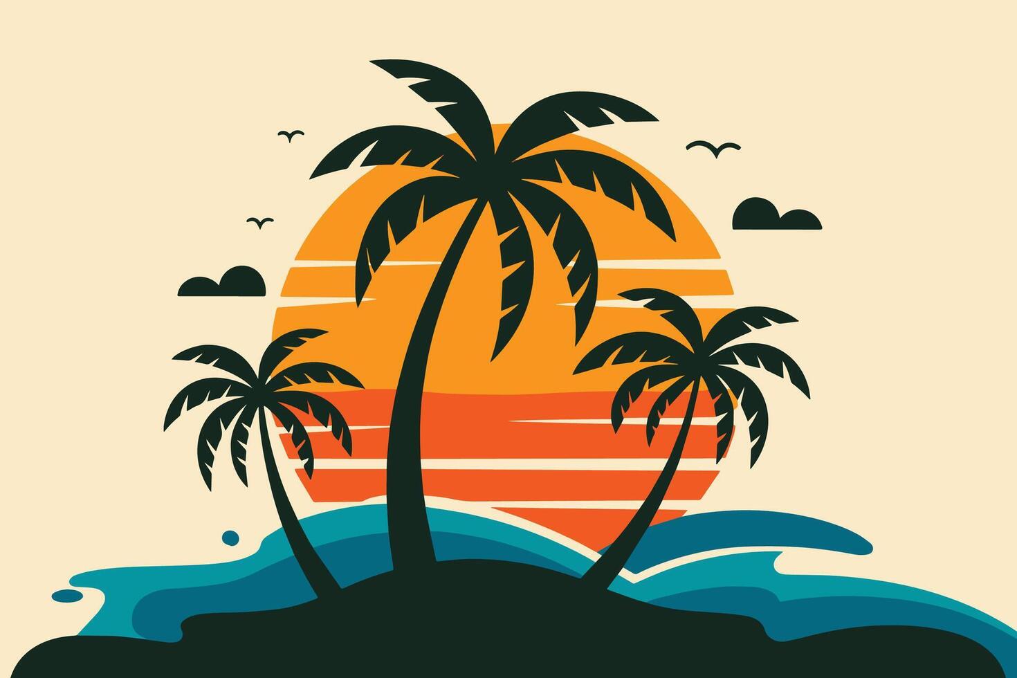 Tropical island illustration with hand drawn elements. Peaceful sunset, palm trees, and ocean waves. vector