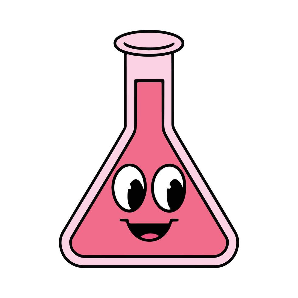 Kawaii school lab flask illustration. Cute smiling chemistry flask with liquid inside, isolated on white background. Perfect for science, education, and school designs. vector
