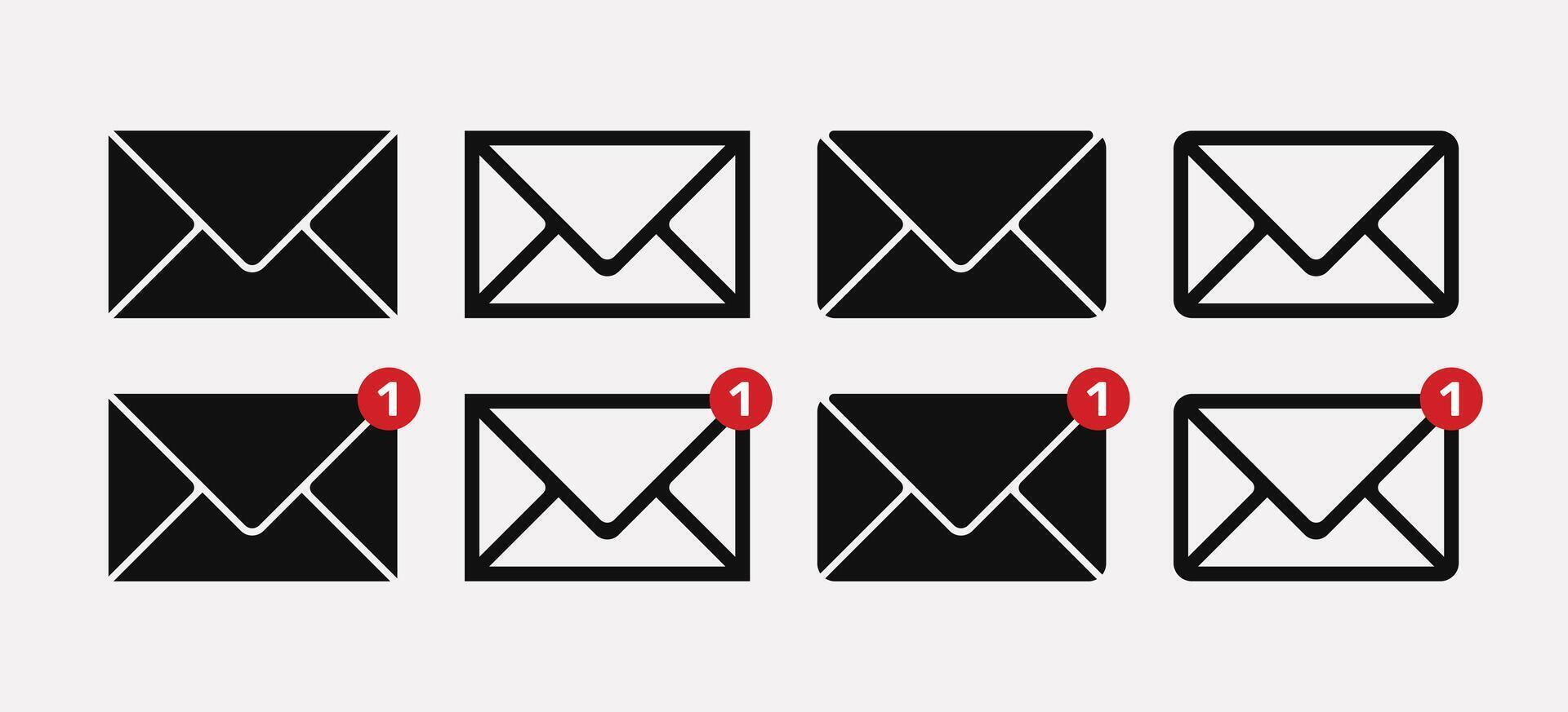 Email icon set with envelope notification badge illustration. premium and clean flat mail icon set silhouette. vector