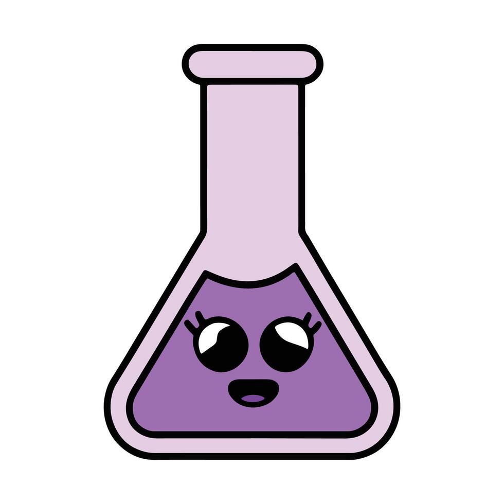 Kawaii chemistry lab flask illustration. Cute smiling flask with liquid inside, isolated on white background, for science, education, school designs. vector