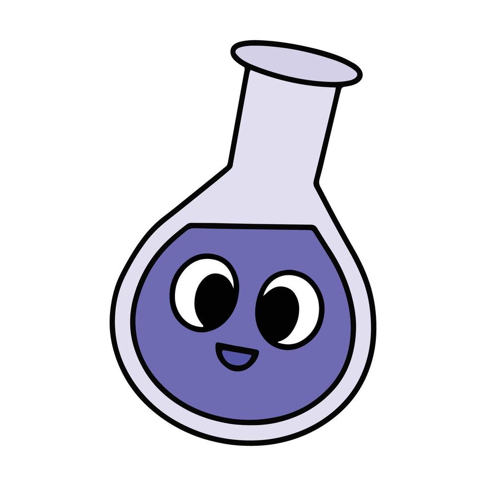 Kawaii school lab flask illustration. Cute smiling chemistry flask with liquid inside, isolated on white background. Perfect for science, education, school designs. vector