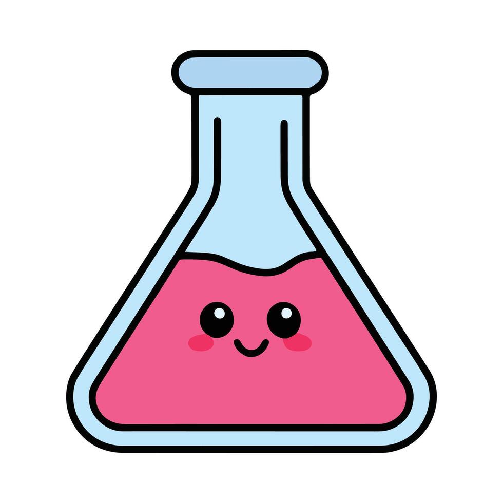 Kawaii chemistry lab flask illustration. Cute smiling flask with liquid inside, isolated on white background. Perfect for science, education, and school design. vector