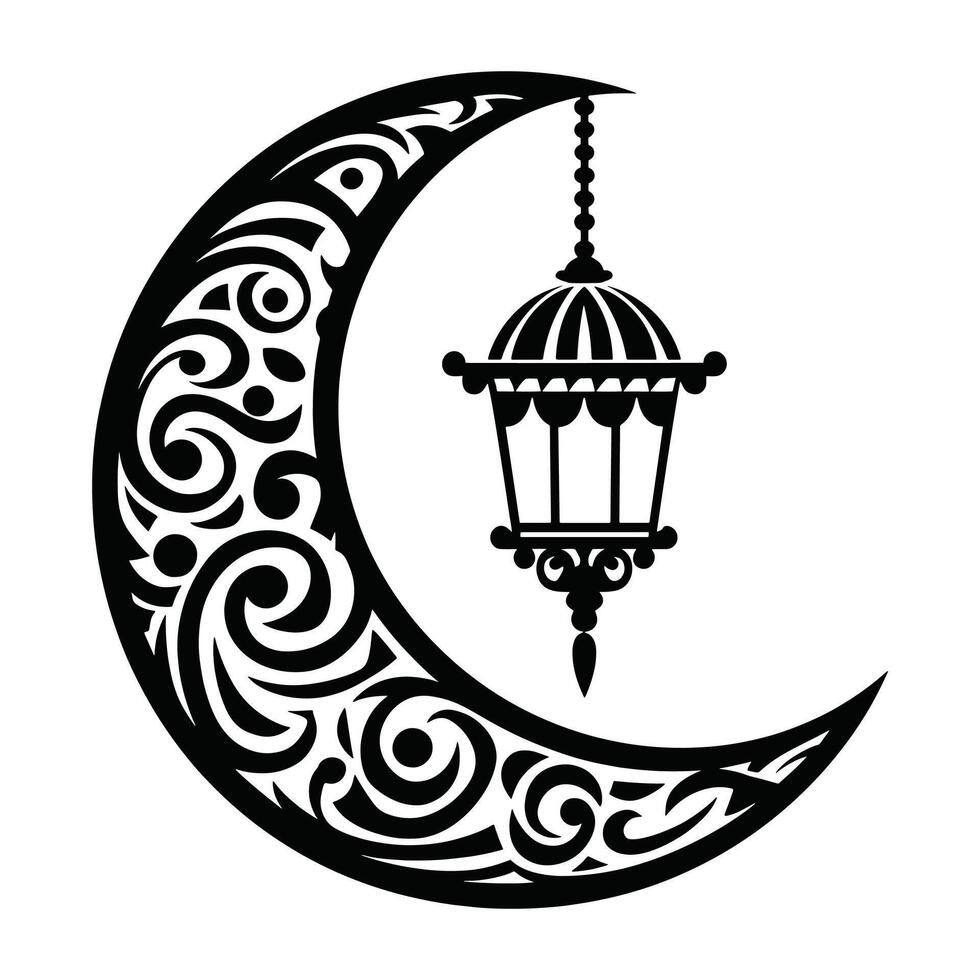 Ramadan Kareem design with a crescent moon and hanging lanterns. Elegant Islamic decoration for festive greetings. vector