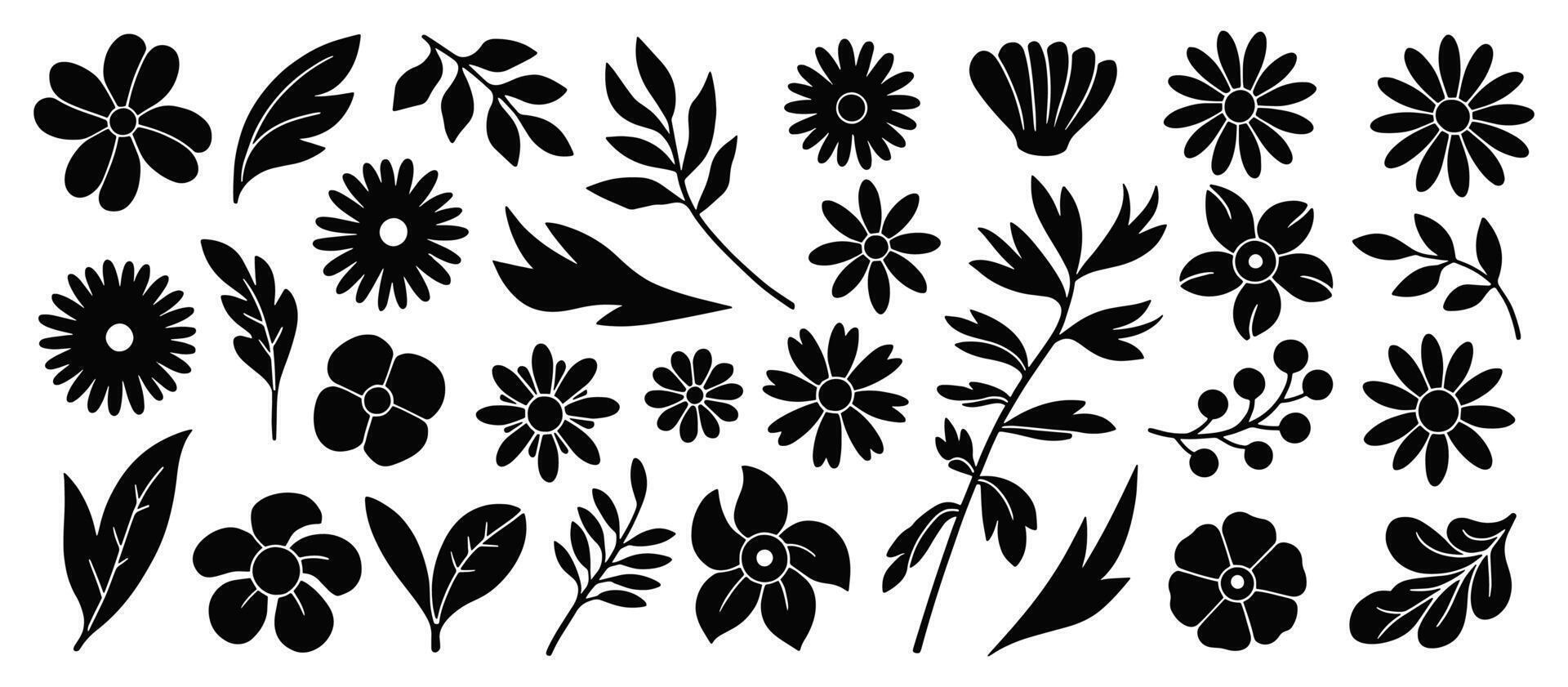 Set of flower and leaf silhouettes. Hand drawn floral elements including wildflowers, garden blooms, and various leaves. vector