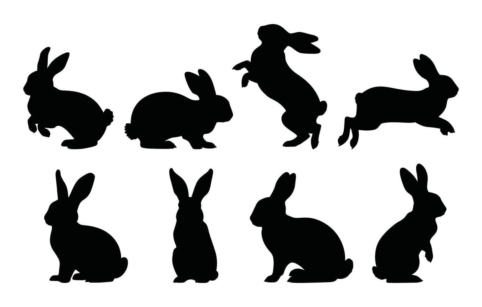 Set of different rabbit silhouettes, isolated on a white background. Various bunny poses for decorative and design use, perfect for logos, prints, and illustrations. vector