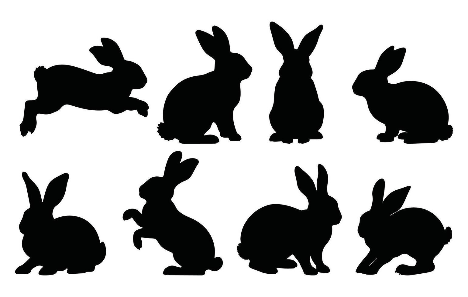 Set of Easter bunny silhouettes isolated on a white background. Various rabbit poses, perfect for decorations, prints, and festive design use. vector