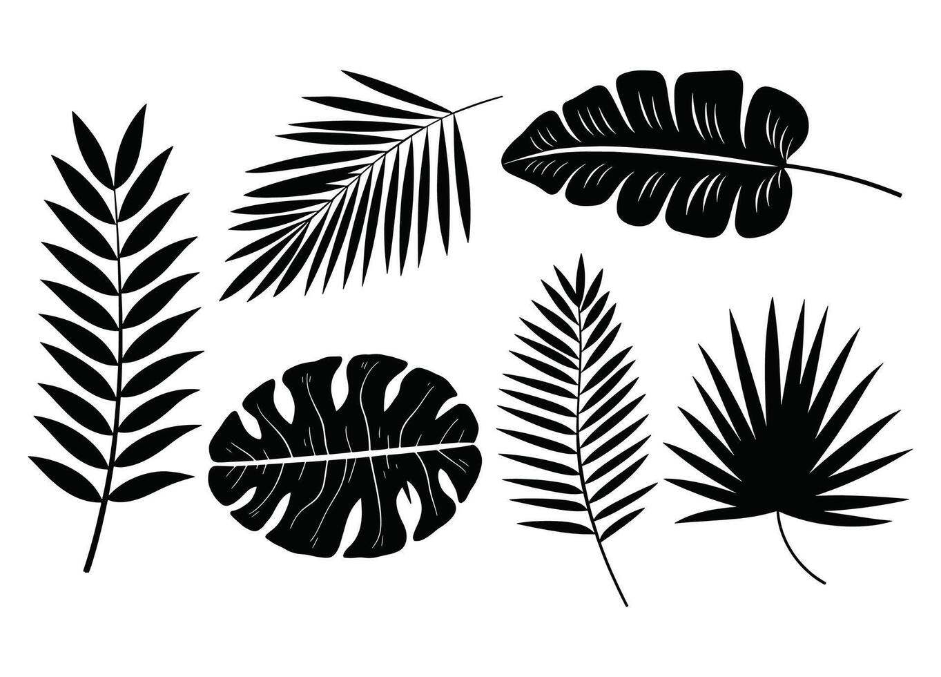 Set of palm leaf silhouettes isolated on a white background. Tropical botanical elements in black, perfect for nature-inspired designs, logos, and decorative patterns. illustration. vector