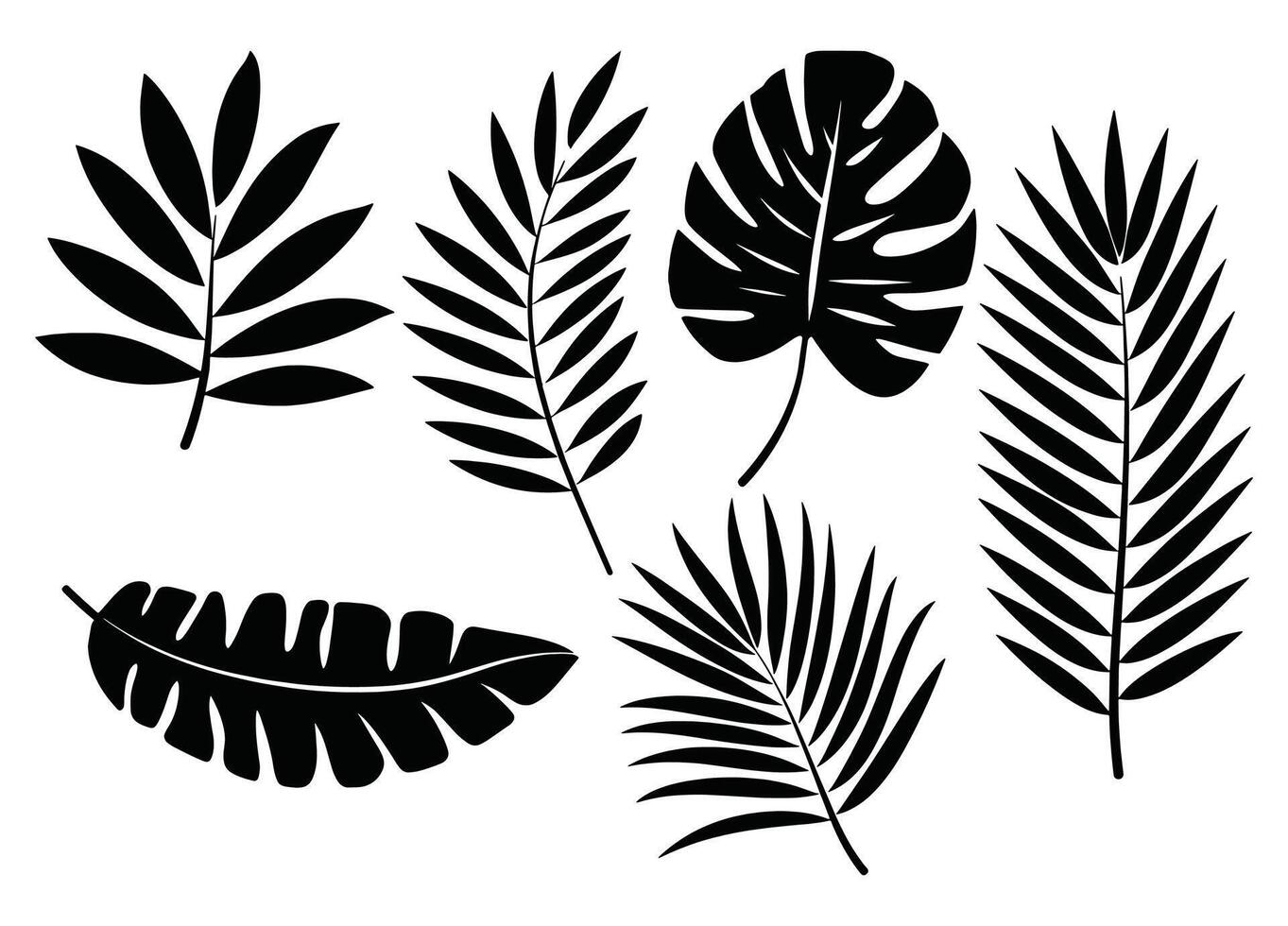 Set of palm leaf silhouettes isolated on a white background. Tropical botanical elements in black, perfect for nature-inspired designs, logos, and decorative patterns. vector