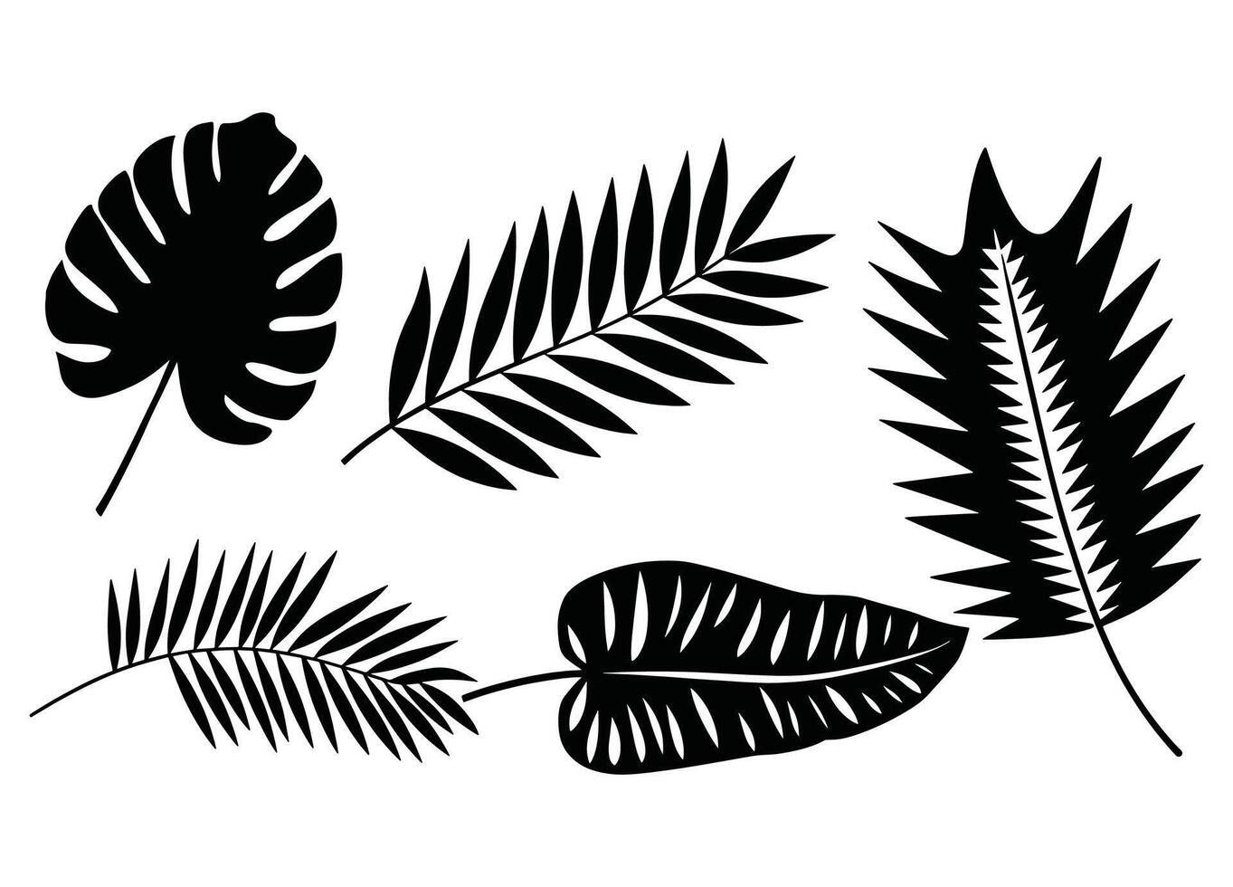 Set of palm leaves silhouettes in black. Tropical foliage collection isolated on a white background, perfect for botanical designs, patterns. vector