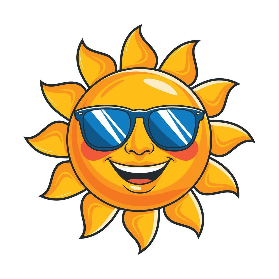 Sun character wearing sunglasses. Fun and cheerful summer mascot icon. Flat cartoon style illustration, perfect for summer designs. vector