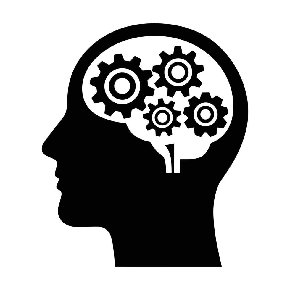 Think Concept Design. Human head with gears inside, symbolizing technology, engineering, and innovation. Cogwheel mechanics integrated into the brain, for problem solving or creativity. vector