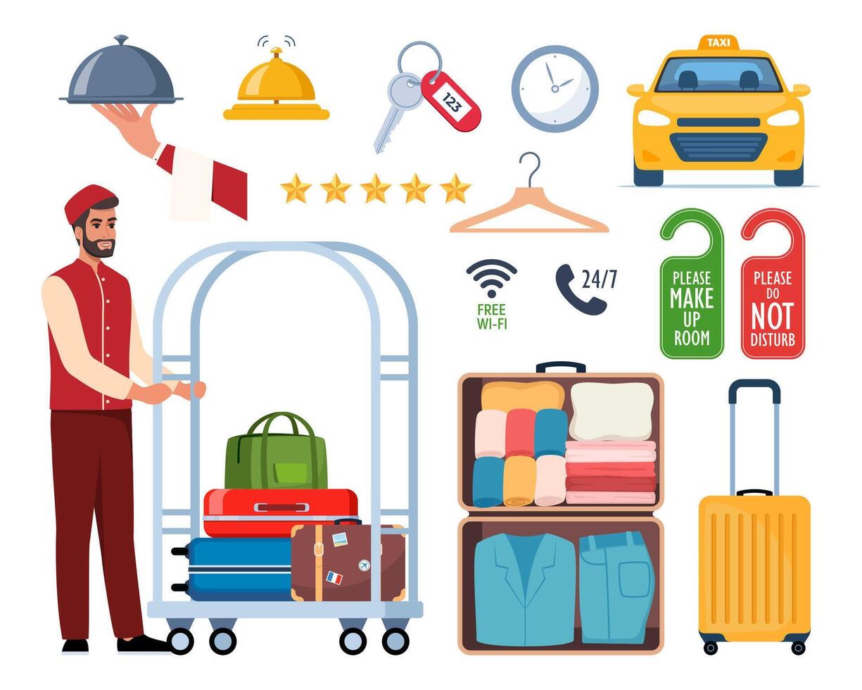 Hotel and Hospitality icon set. Lodging. Restaurant and hotel service. illustration. vector
