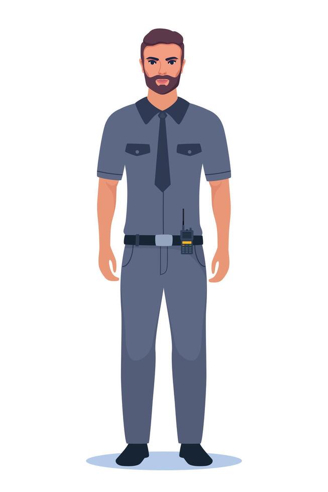 Police officer in uniform standing in front view. Profession people concept. Job at police station. Policeman character. illustration. vector