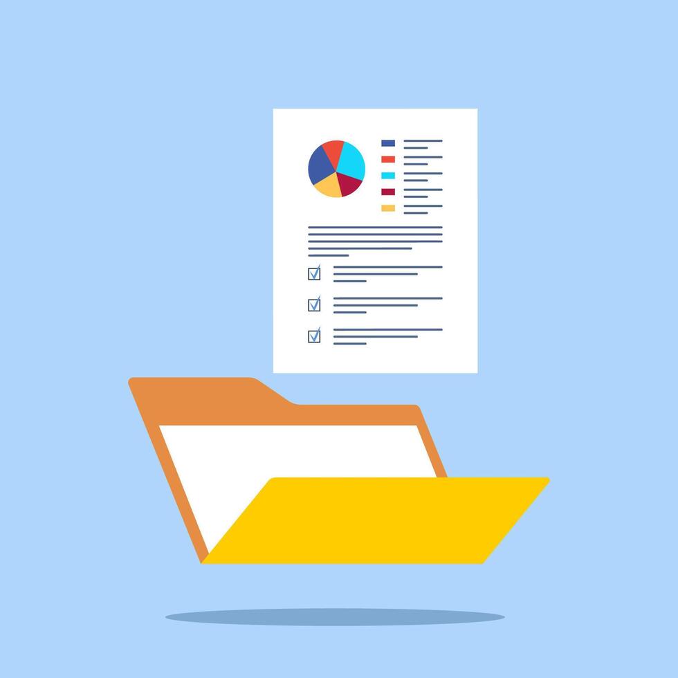 Open folder and documents, statistical data with charts, diagrams. Workplace documents for financial statistics, reporting, strategy development. Data analysis vector