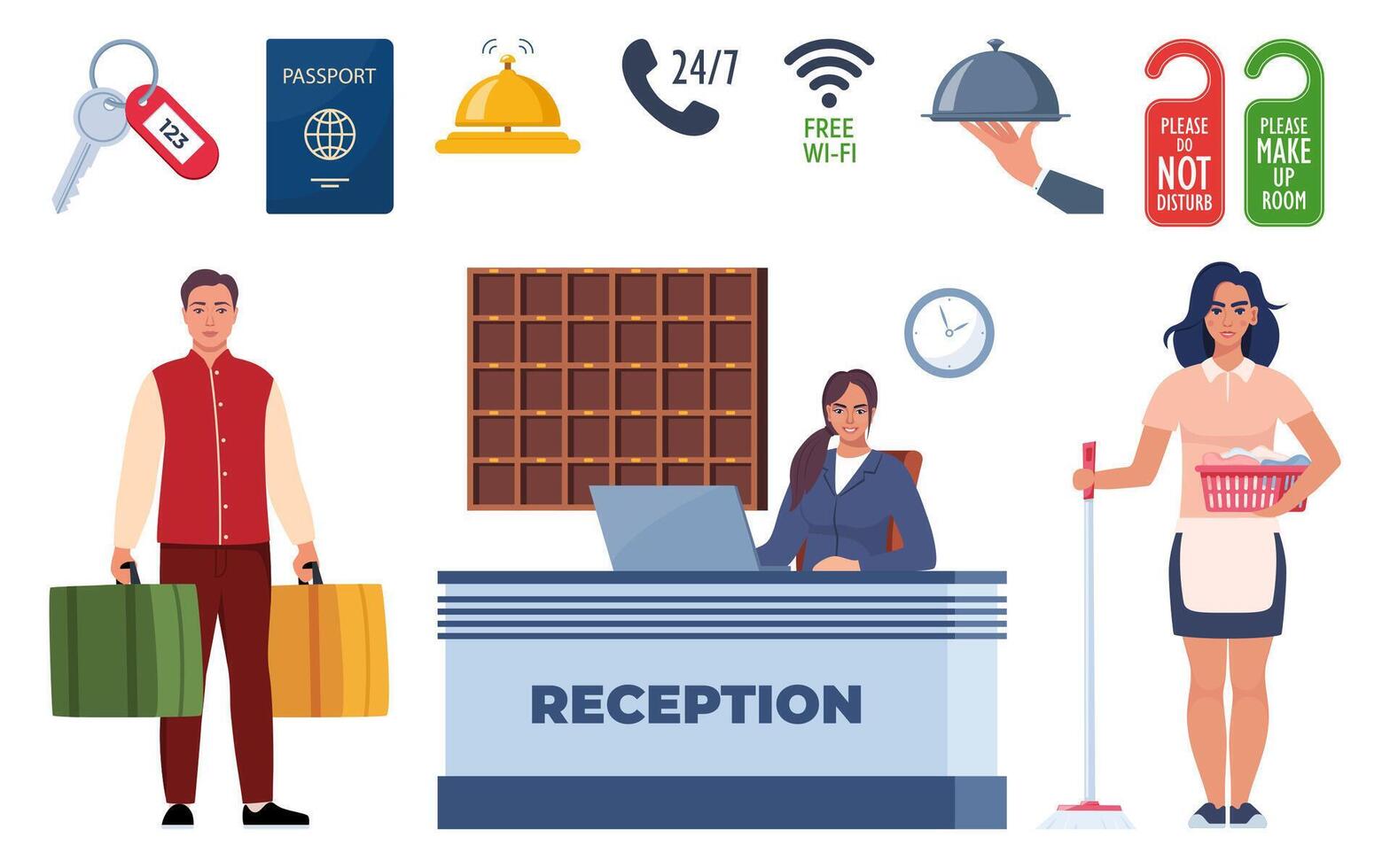 Hotel and Hospitality icon set. Lodging industry. Restaurant and hotel service. vector