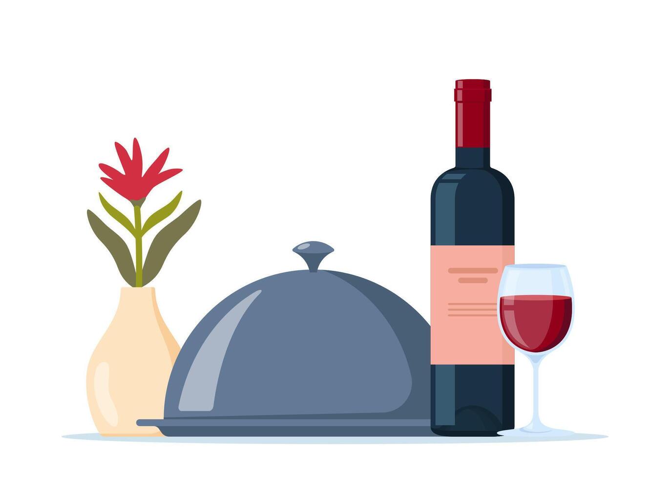 Bottle, wine glass and food on tray, Romantic dinner concept, restaurant dinner service. Bottle of wine and tray with lid. illustration. vector