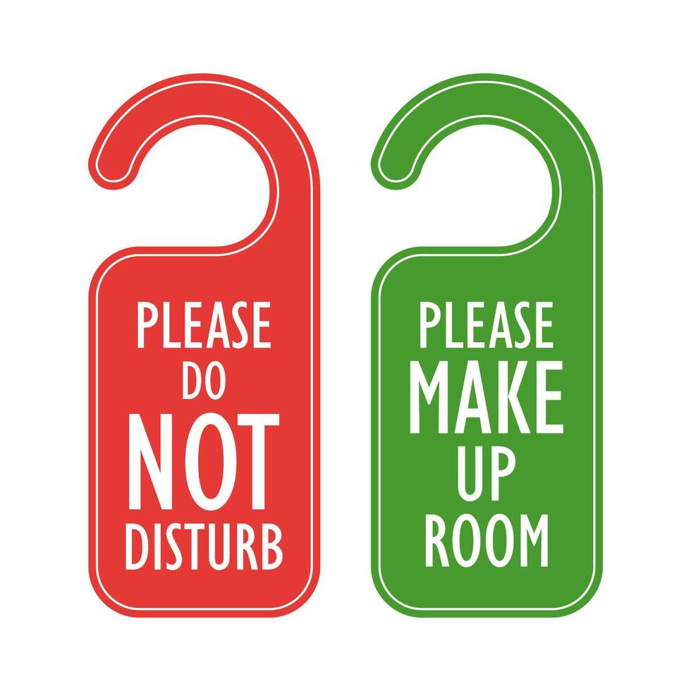 Please do not disturb and please make up room hanging sign symbol. Colorful hangers. Sleep time, make up room, busy label, hotel hanger, door instruction, warning card for room door. . vector